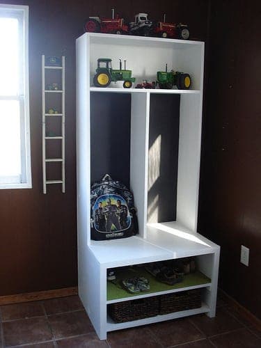 Plywood entryway bench with two open shoe shelves
