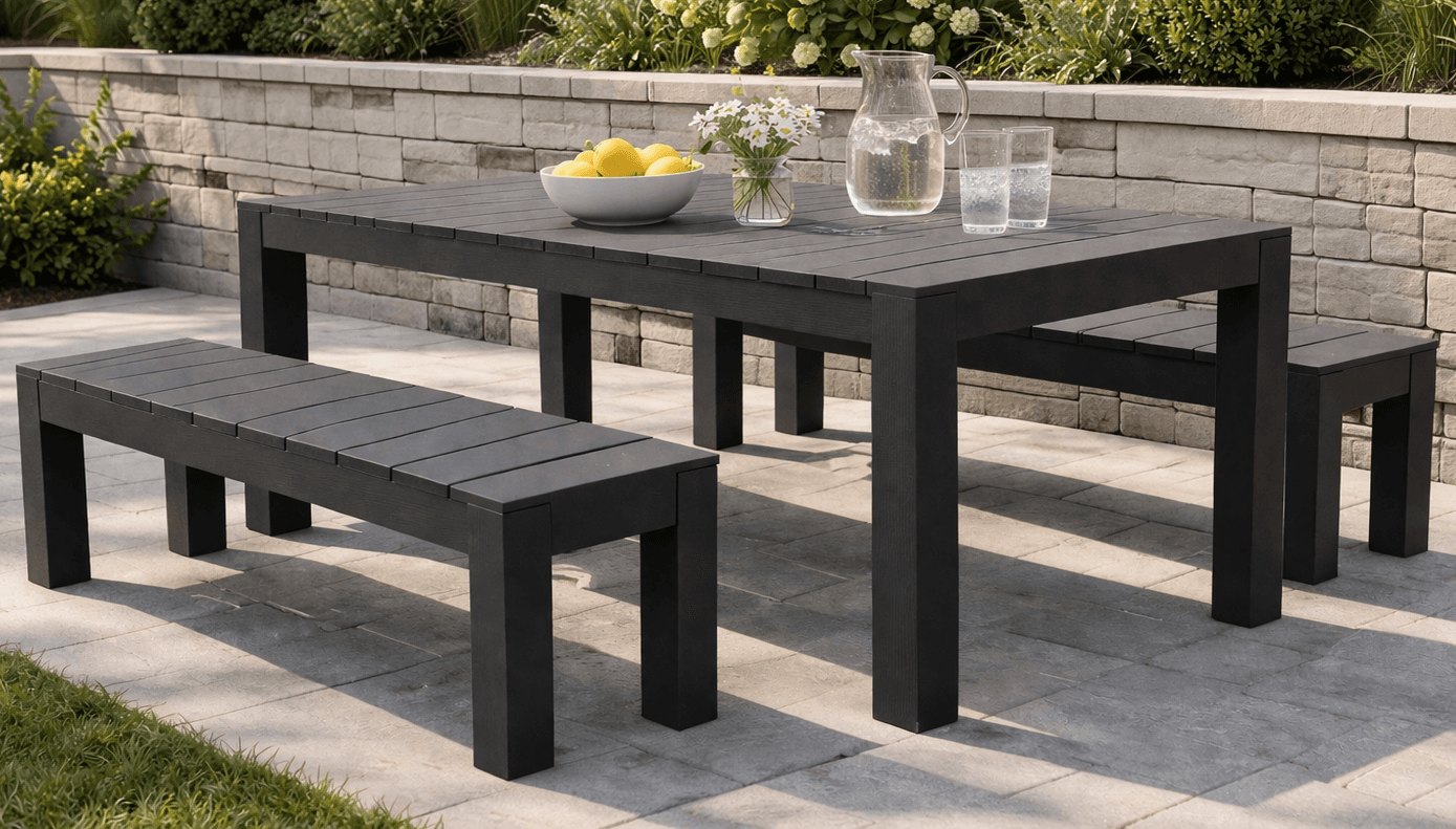 Outdoor dining table and matching benches with cedar picket tops on 4x4 legs