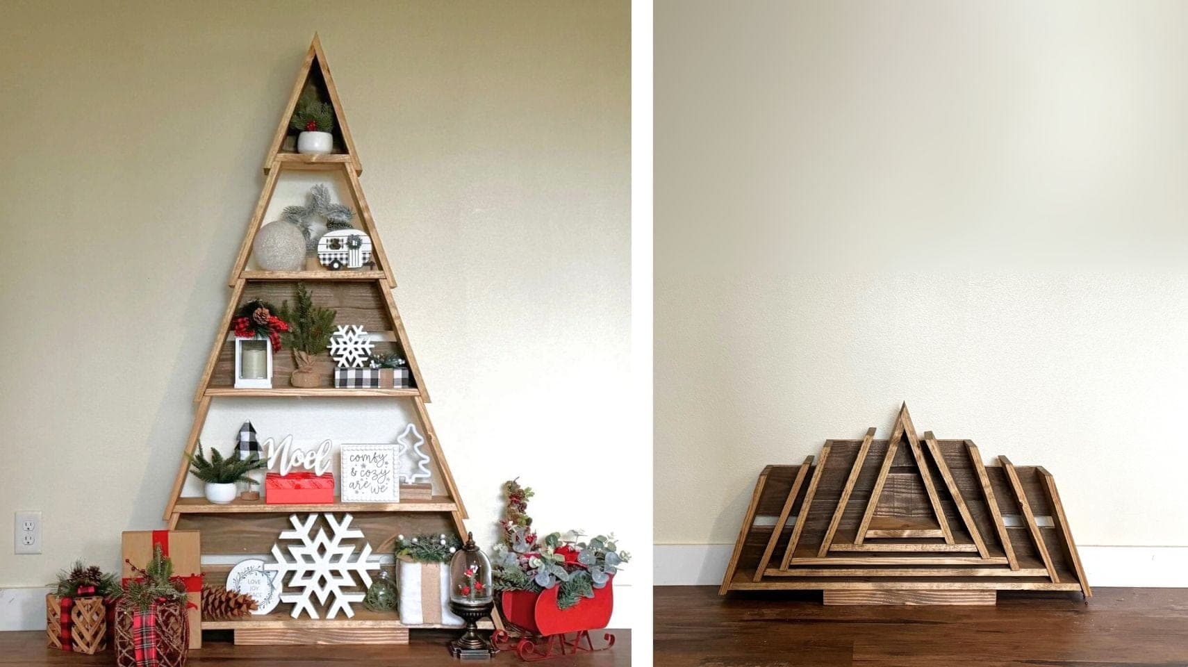 Collapsible tiered wood Christmas tree display shelf