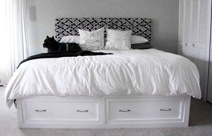 King size storage bed built from three plywood benches