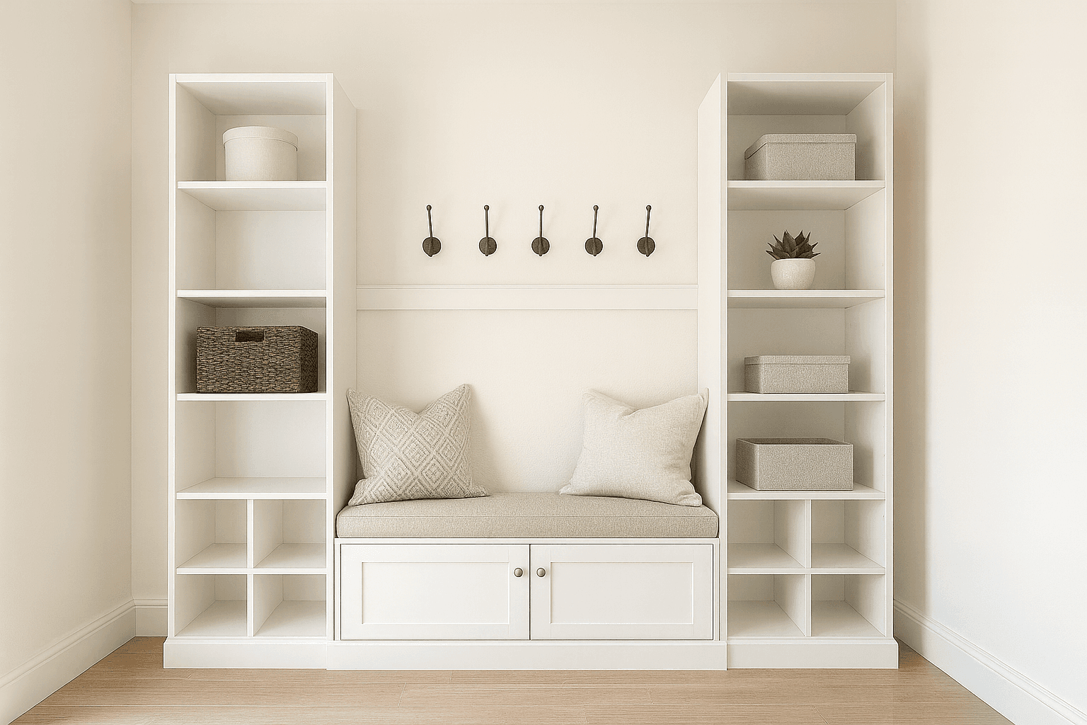 Mudroom storage system with two towers and a matching bench