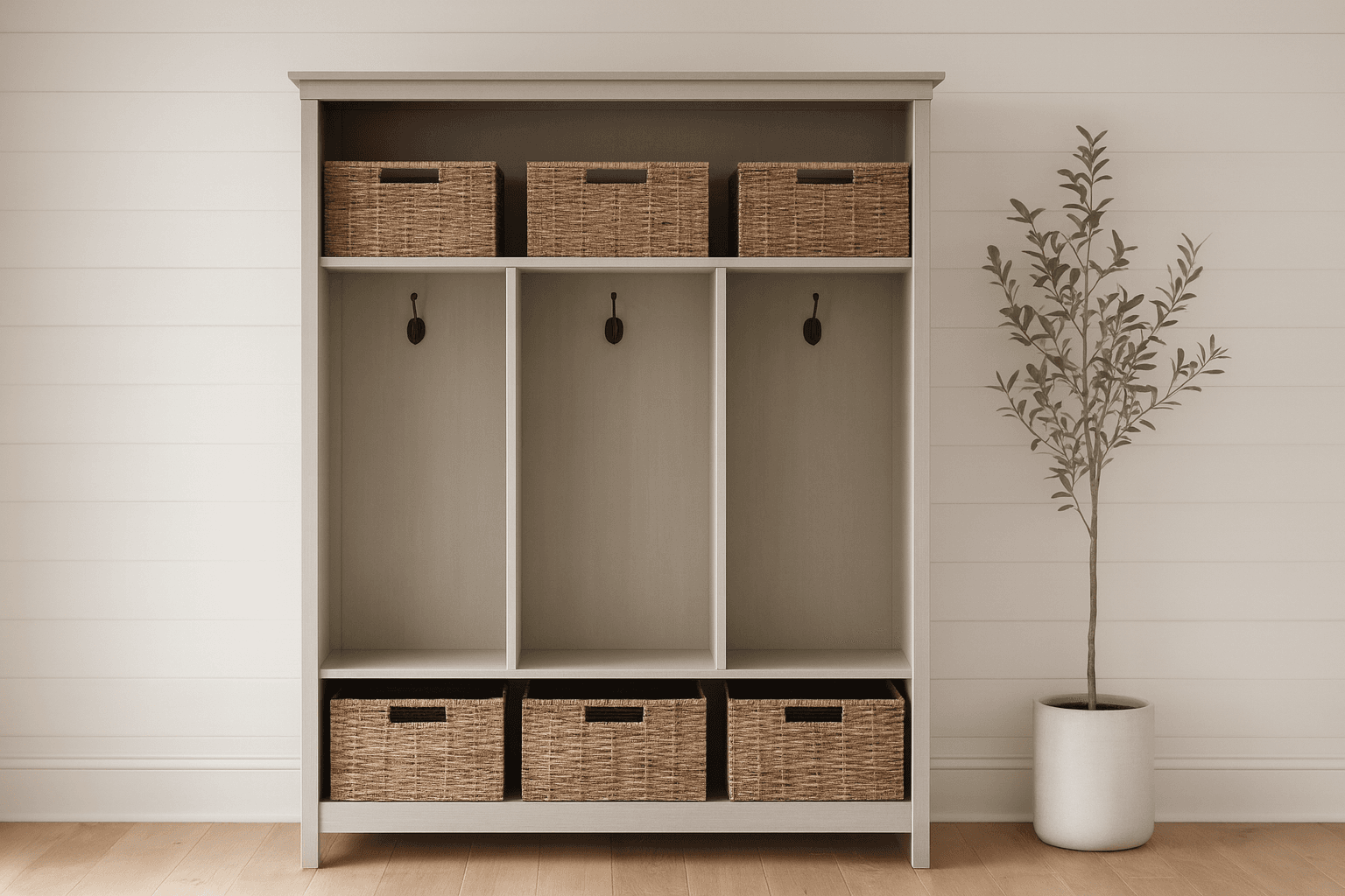 Freestanding mudroom locker bookshelf with two coat bays and open shelves