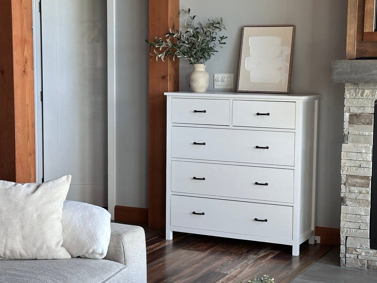 Board and batten style mid-height dresser with five drawers