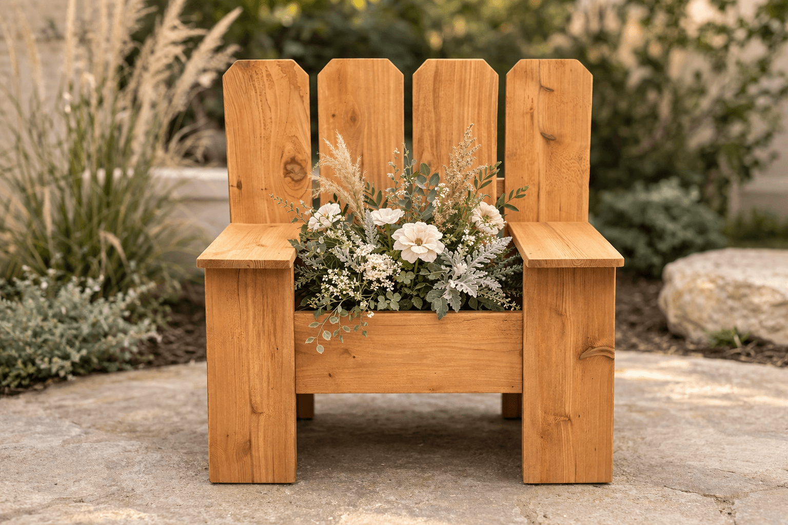 Small decorative bench-shaped cedar planter with slatted back and arms