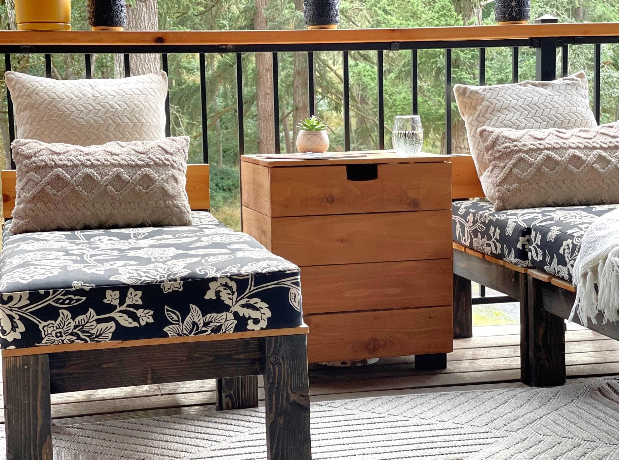 Slatted cedar box side table that conceals a propane tank, with hinged lid