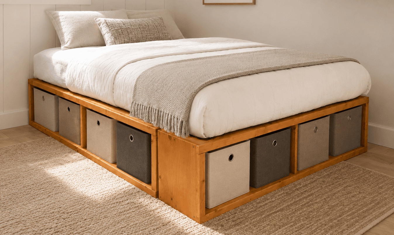 Full-size captain's bed built from three separate cubby boxes