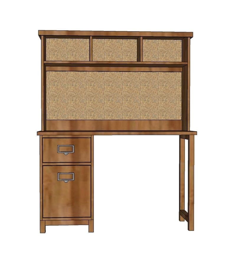 Schoolhouse-style desk hutch with open cubby shelves and a corkboard back panel