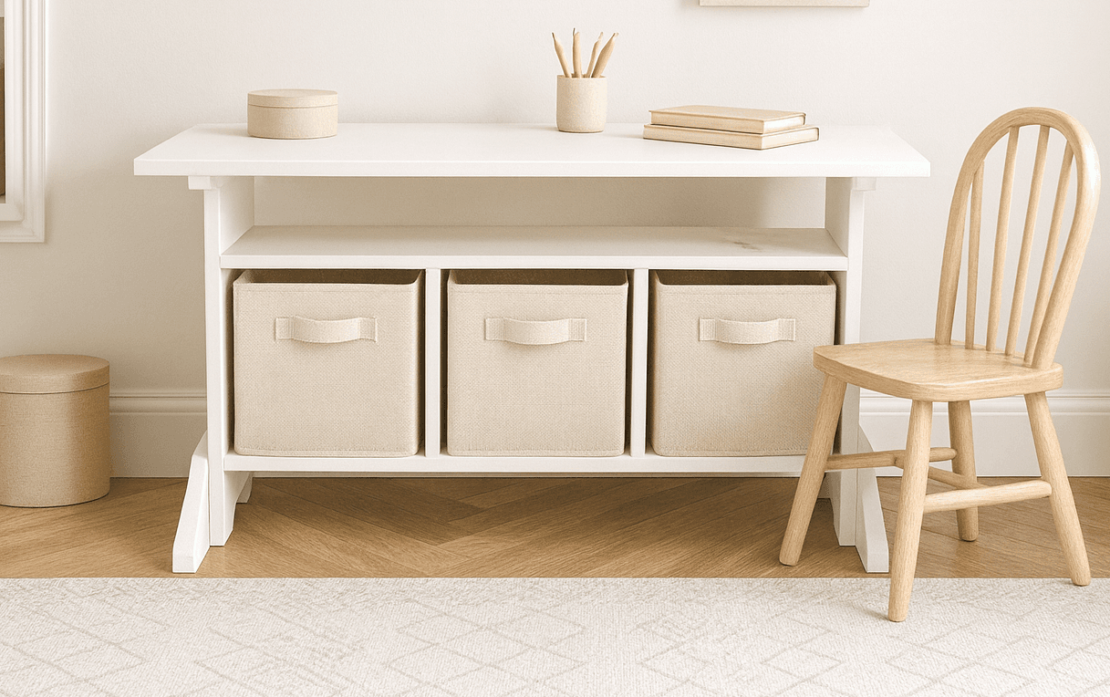 Kids' trestle craft table with storage cubbies built into the base