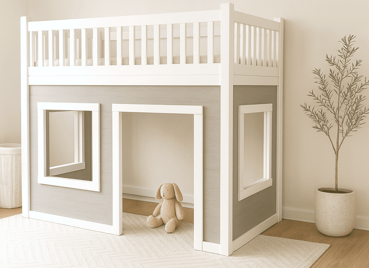 Kids loft bed built as a full playhouse with plywood walls, windows, a door, and a ladder