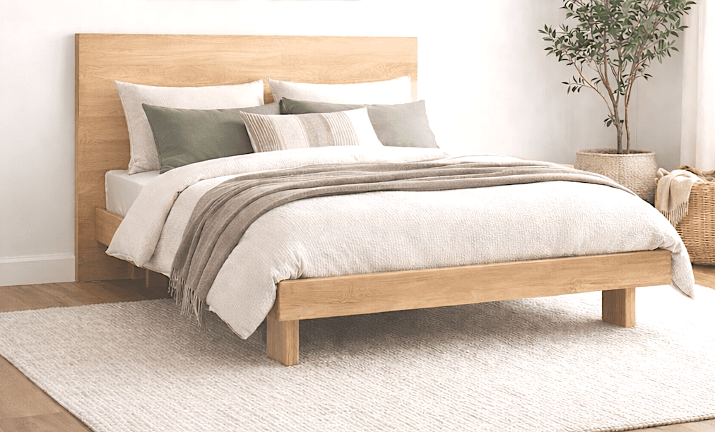 Low minimalist platform bed with plank headboard