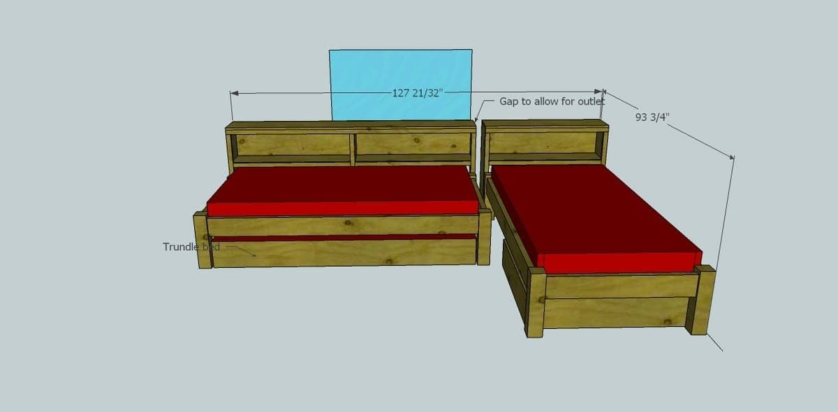Wide bookcase unit made from two joined shelf towers, part of a twin bed collection