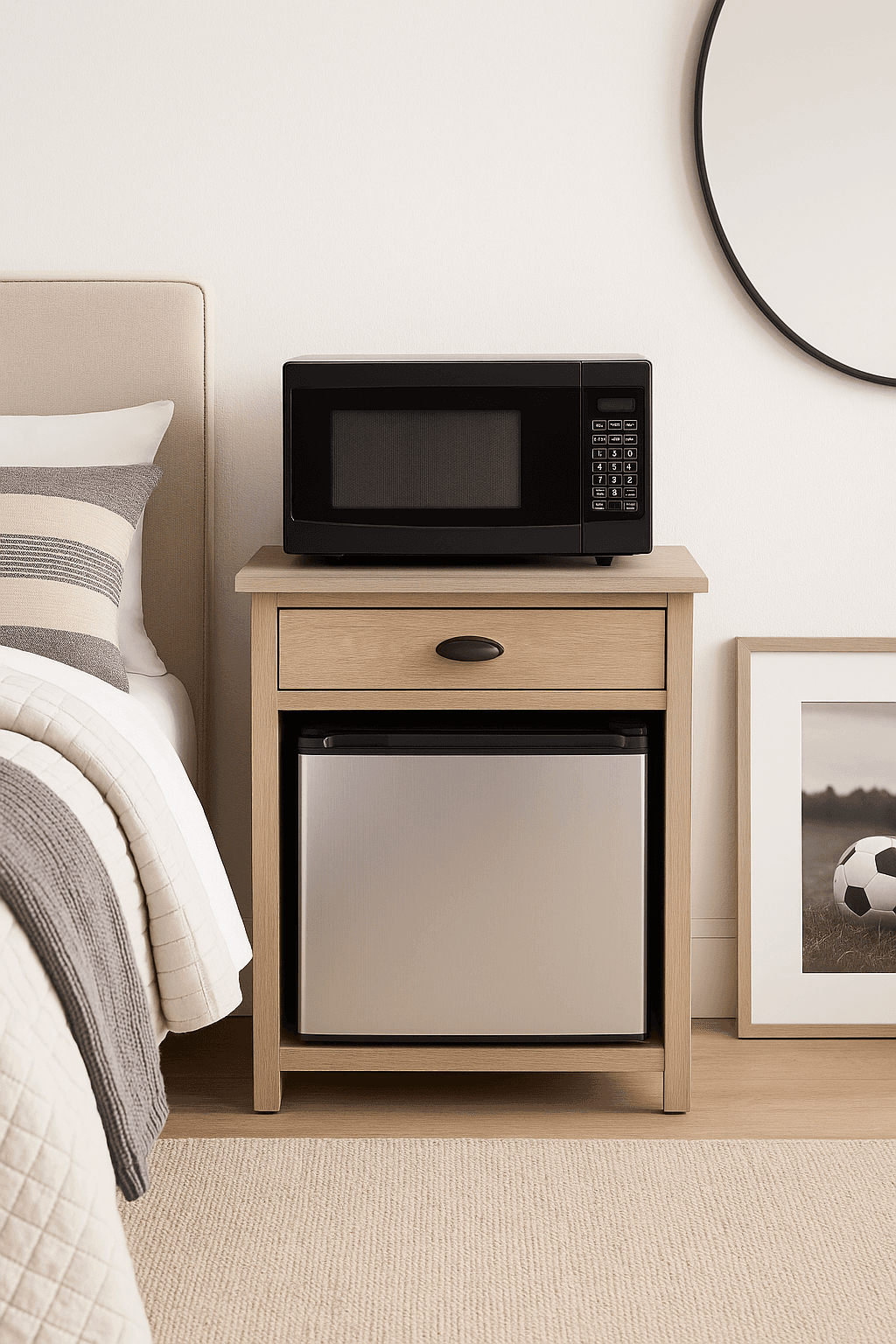 Cabinet housing a mini fridge with a drawer above and a finished top