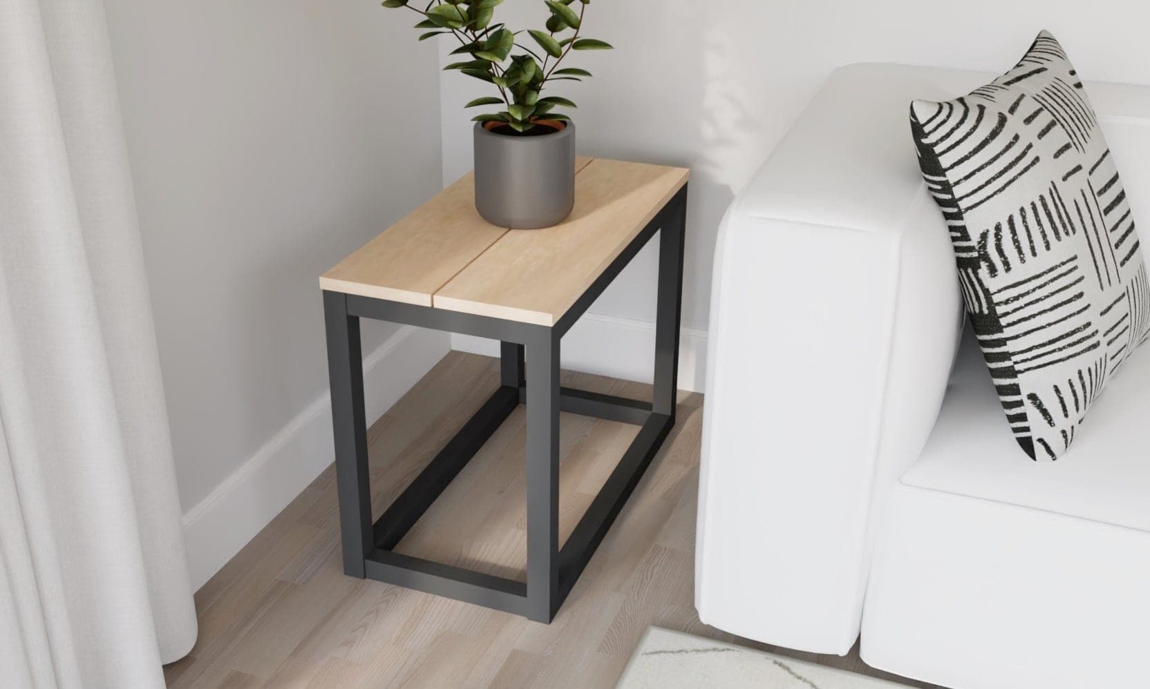 A low rectangular side table with a 1x8 top on an open 2x2 box frame