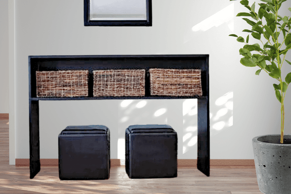 Minimal four-board console table with an inset back panel