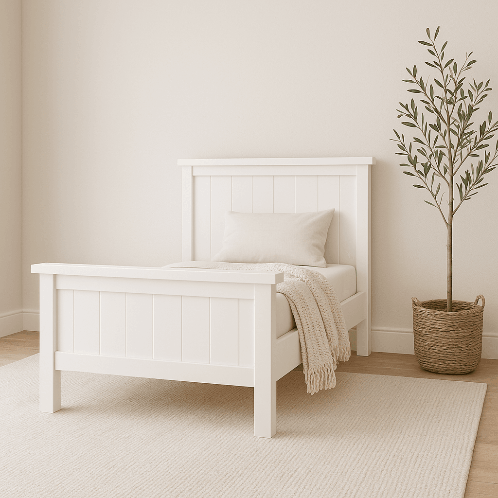 Low farmhouse toddler bed with a planked, arched headboard sized for a crib mattress