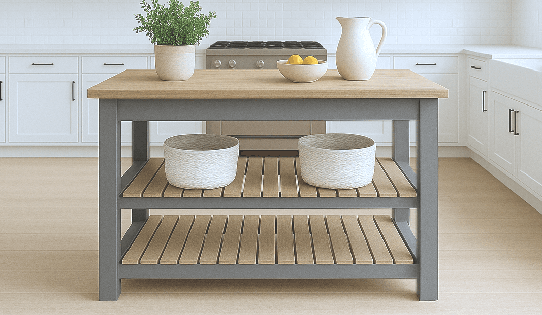 Simple kitchen island with a slatted lower shelf and 2x6 tabletop