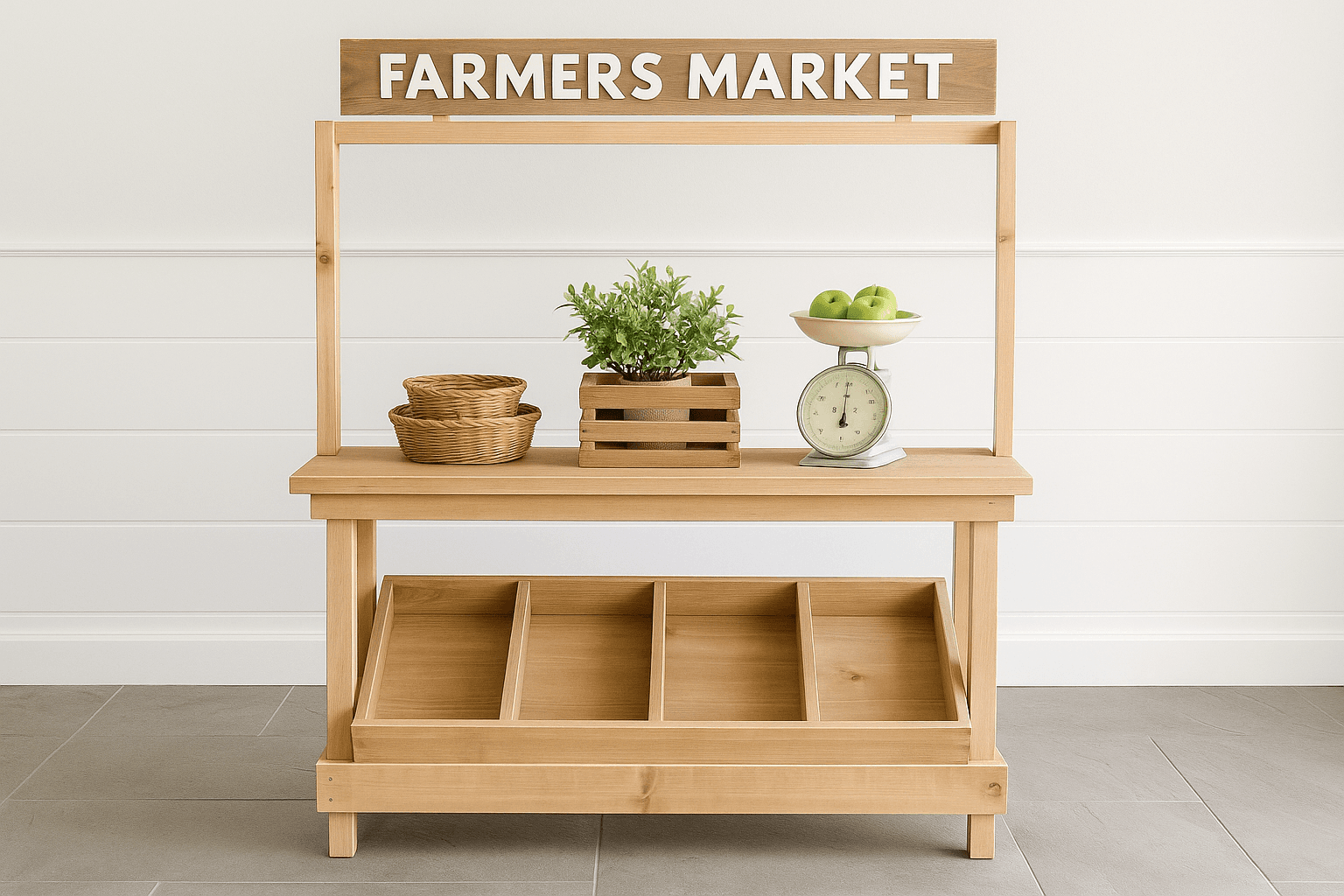 Play farmer's market stand for kids with a counter and produce tray