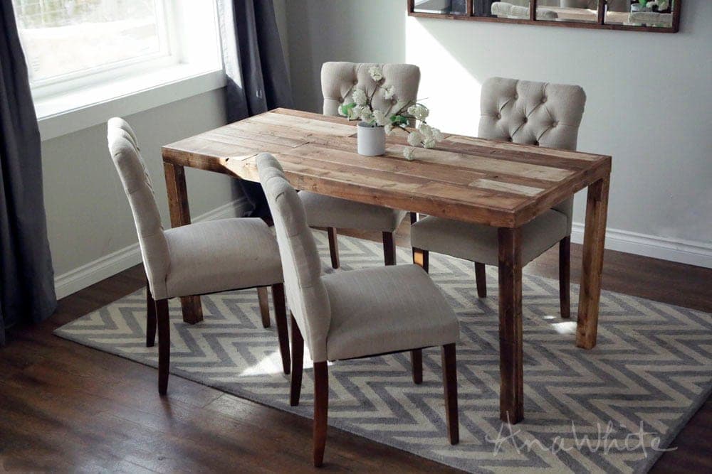 Modern Parsons dining table with a scrap-wood top and wrapped 1x3 legs