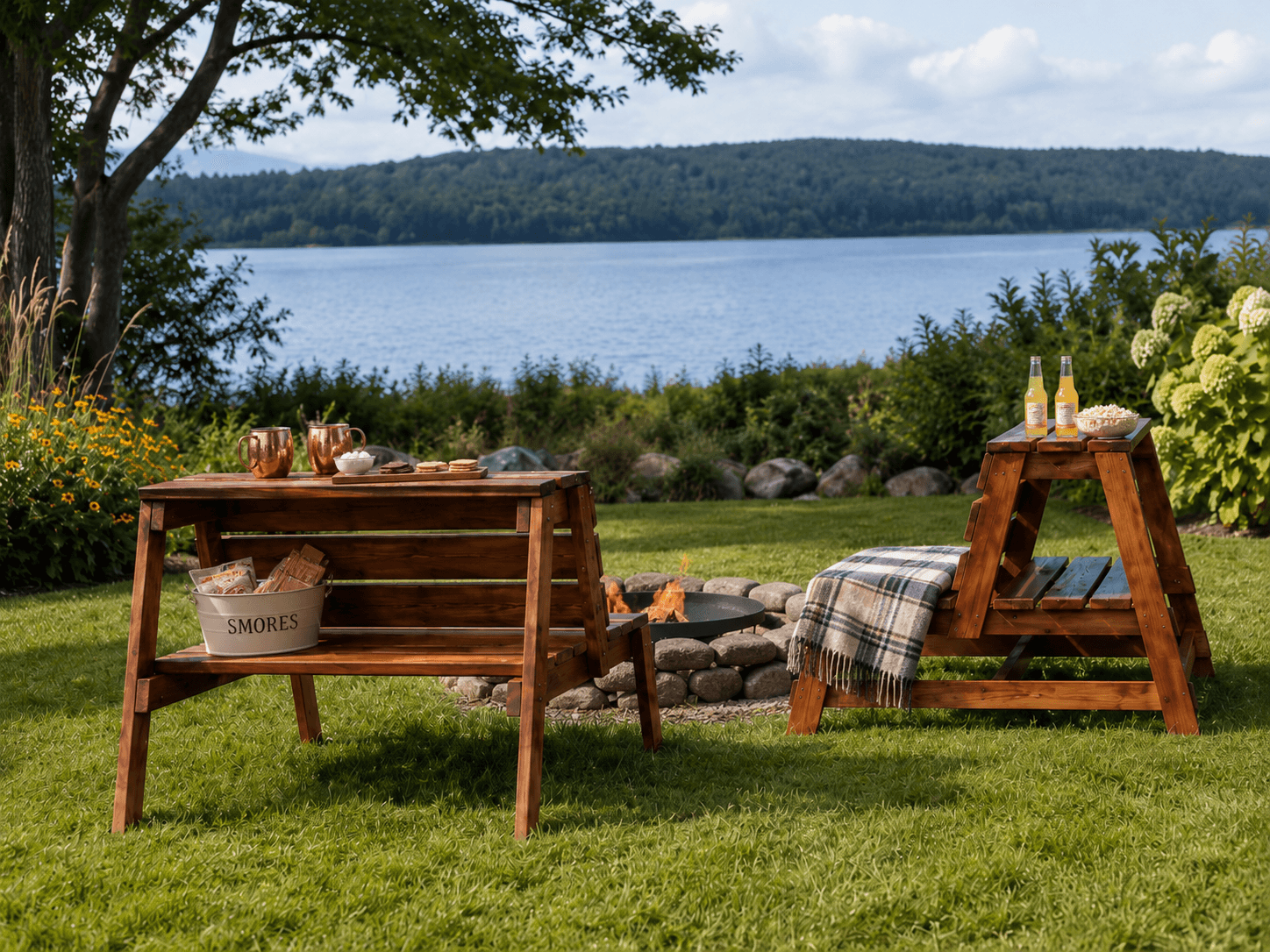 Trapezoidal fire-pit bench section built from 2x6 slats on angled legs