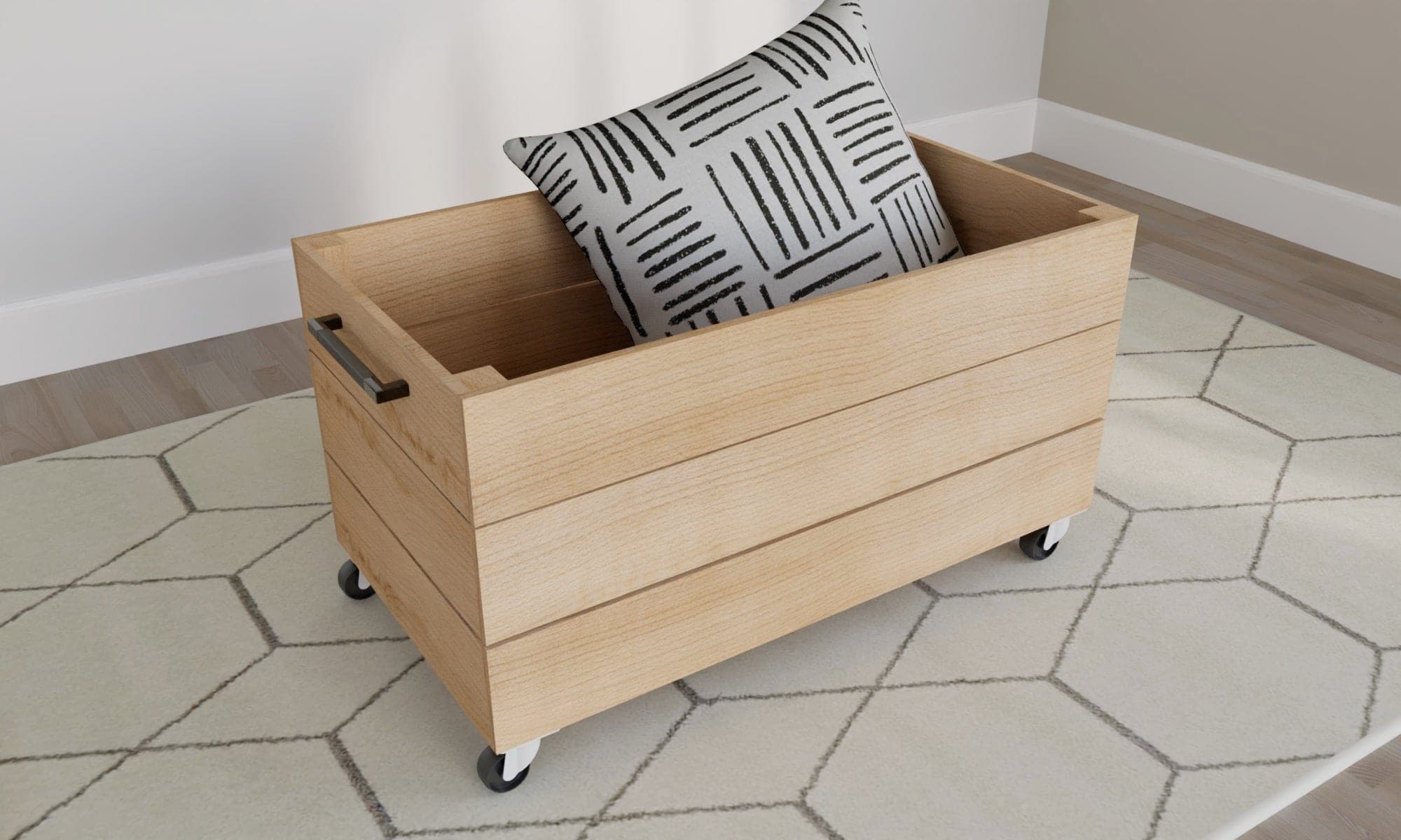 Open-top rolling toy box with cedar picket sides on casters