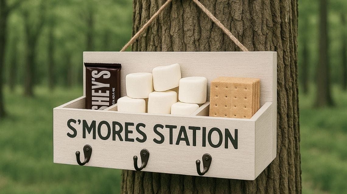 Hanging divided s'more station caddy holding graham crackers, chocolate, and marshmallows