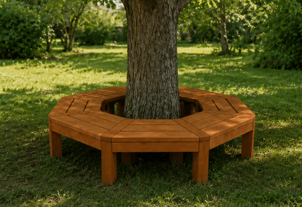 Octagonal wooden bench built around a tree trunk