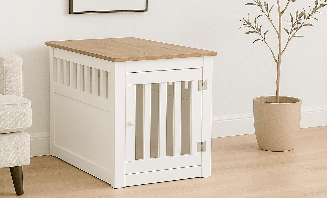End table dog kennel with slatted rail sides and latched door