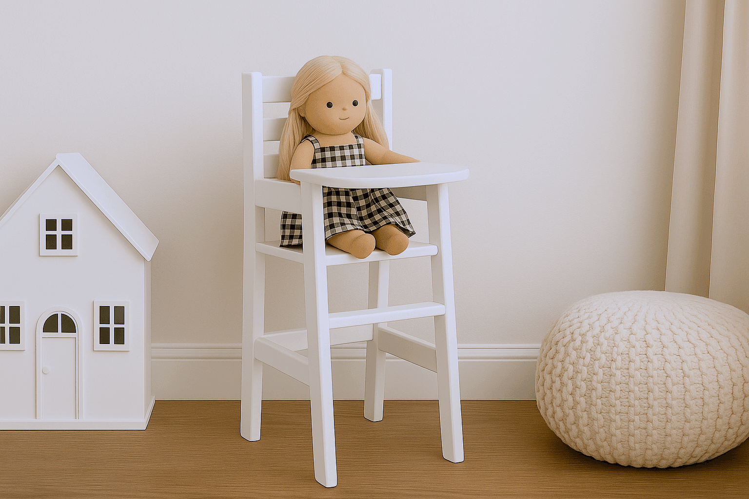 Miniature wood high chair scaled for dolls