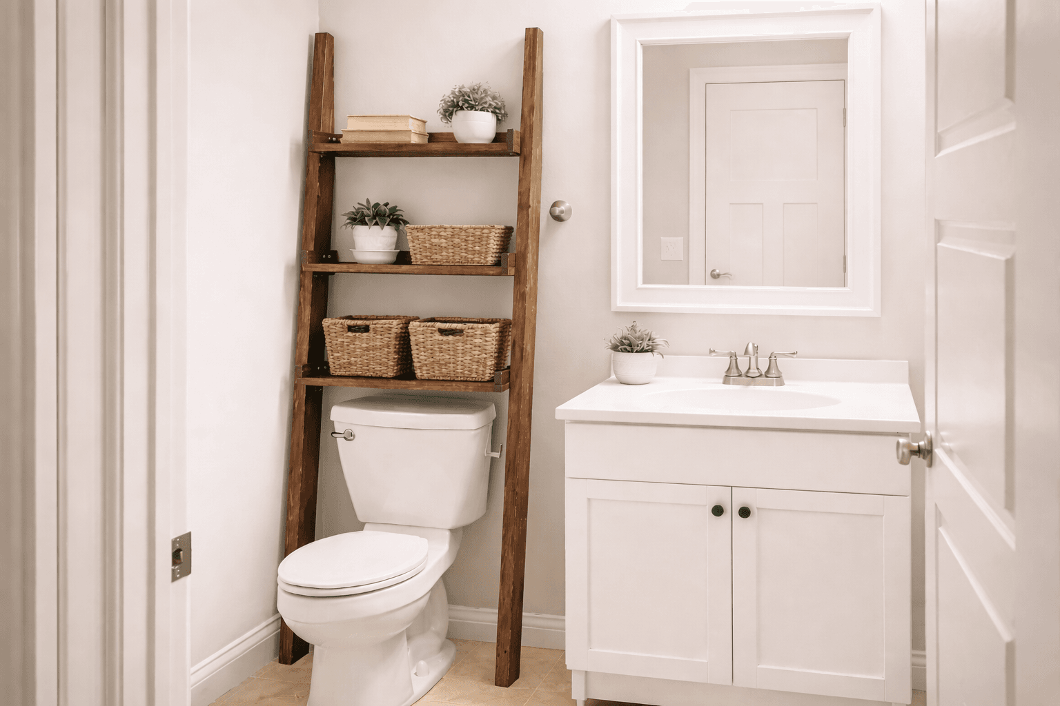 Leaning wooden ladder shelf with three graduated shelves standing over a toilet