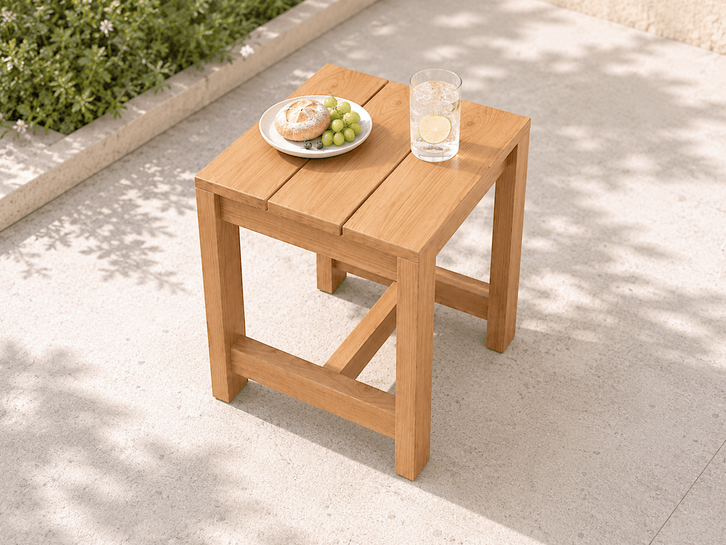 Small sturdy outdoor stool with cedar picket top, used as a side table