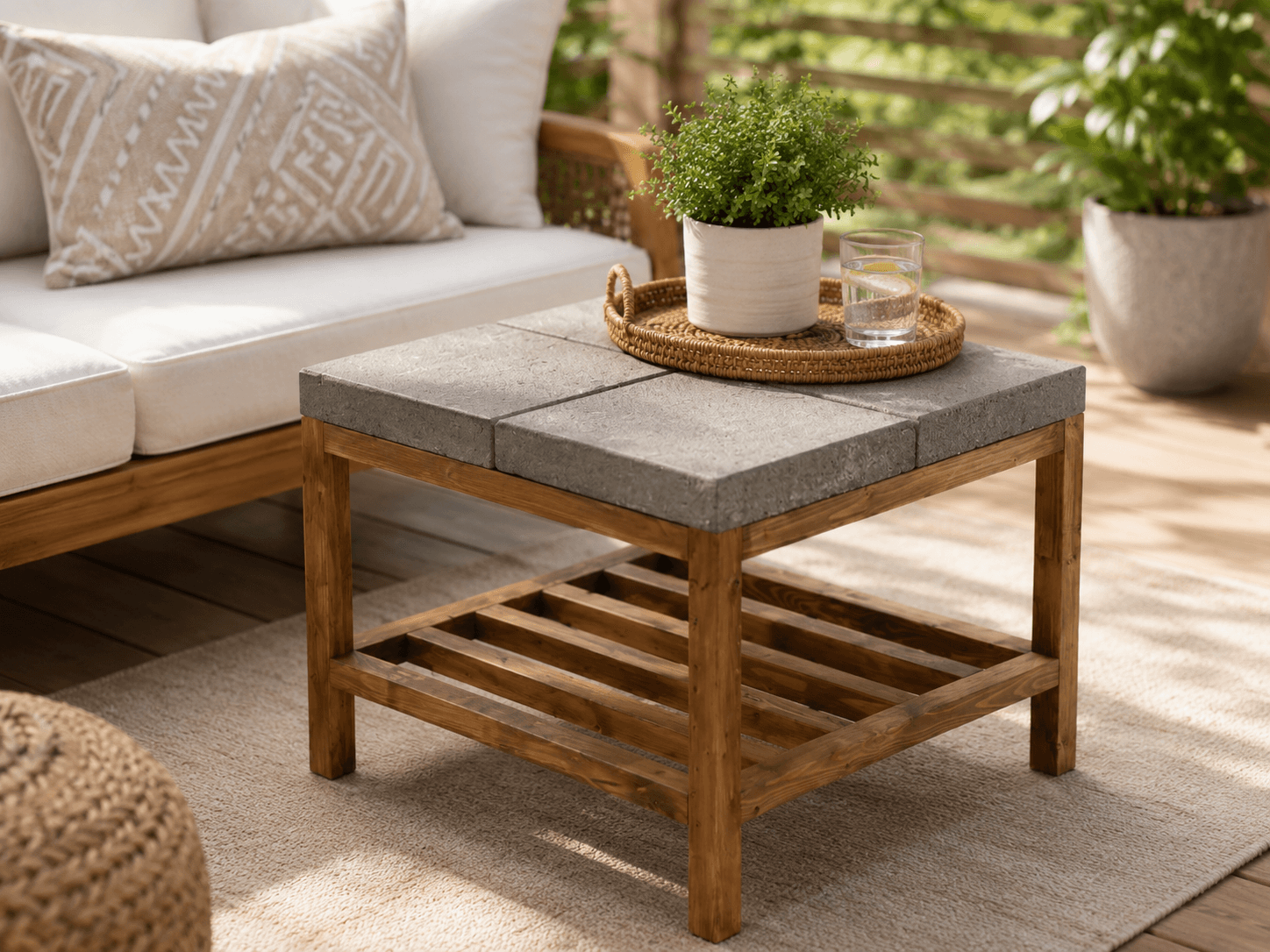 Outdoor coffee table with four concrete pavers set as the tabletop
