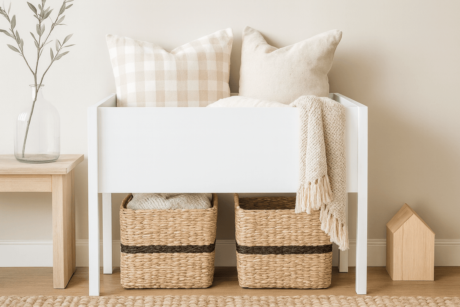 Raised farmhouse-style toy and blanket bin on wood legs