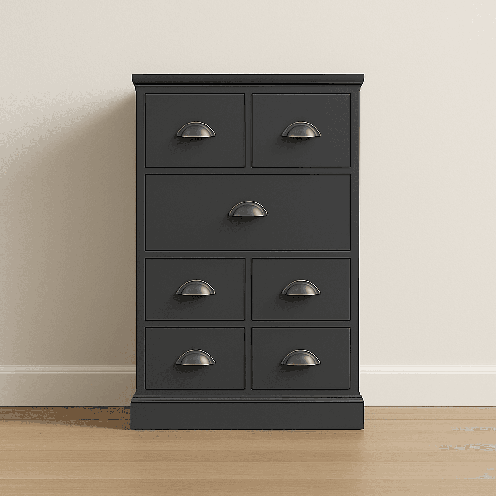 False-front cabinet doors with multiple knobs, built to close up an open-base cabinet