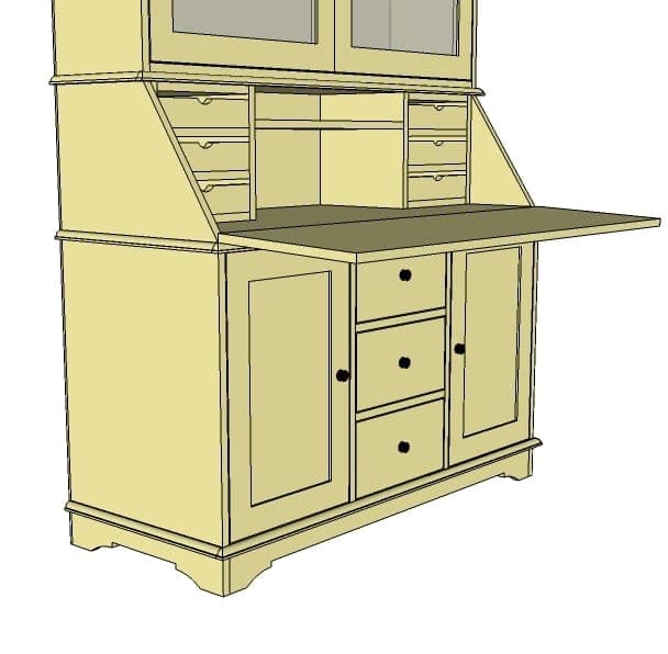 Secretary desk base cabinet with drawers and two false-front doors
