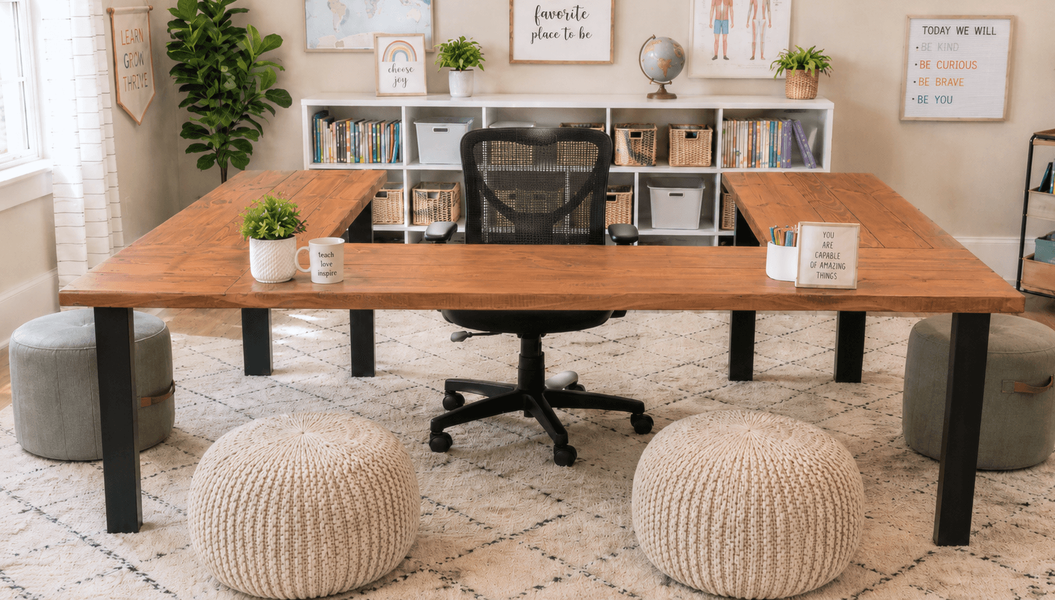 U-shaped wooden desk with six-foot main surface and two return wings