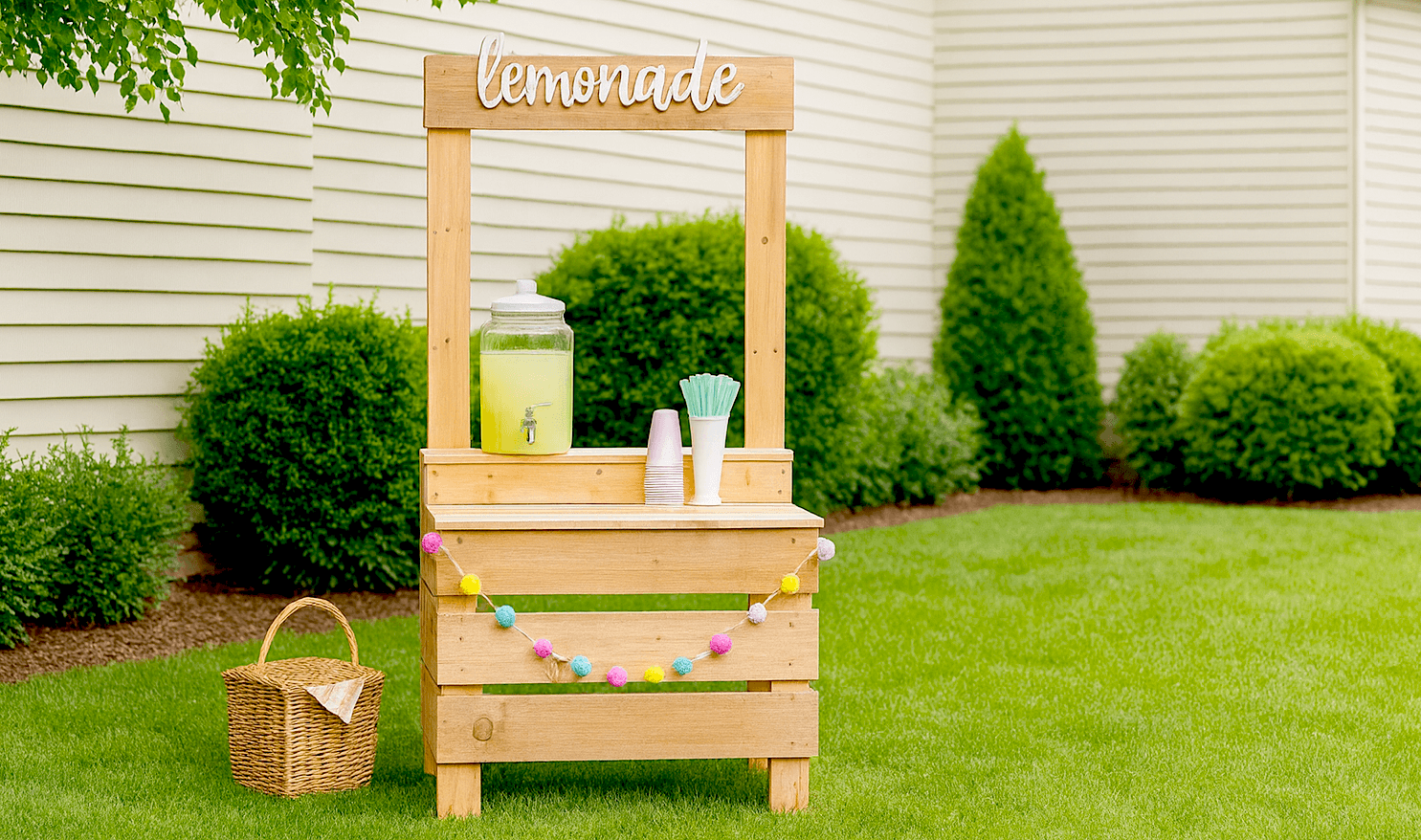 Kids' lemonade stand built from cedar fence pickets and 2x4s
