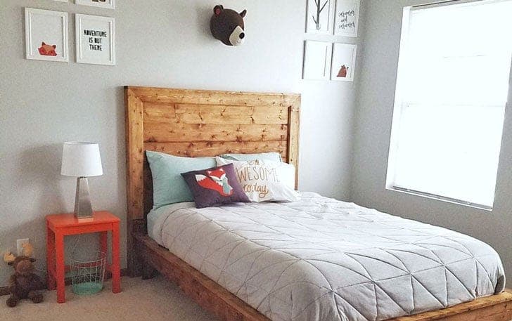 Framed planked headboard with mitered casing trim for a full or queen bed