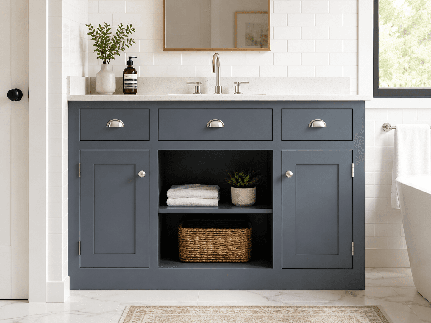 A 48-inch bathroom vanity with cabinet doors on each side and an open shelf in the center