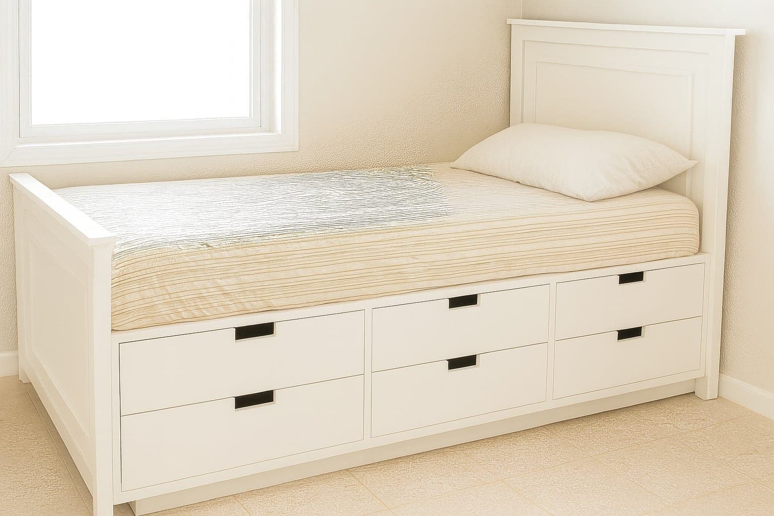 A platform bed with twelve storage drawers built into two side bases flanking the mattress