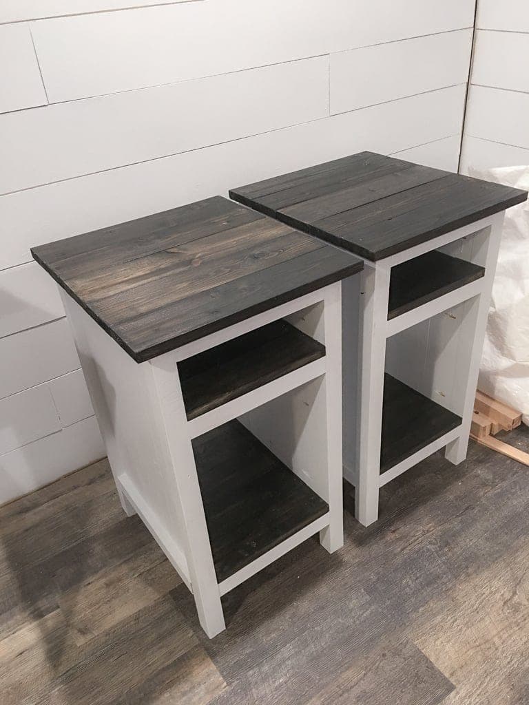 Farmhouse-style planked wood nightstand with two open shelves