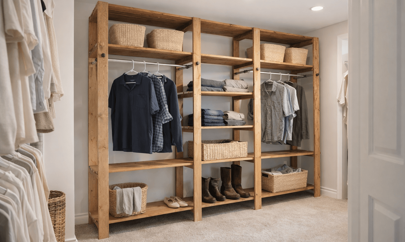 Closet fitted with wooden ladder-leg shelving, slatted shelves, and hanging rods