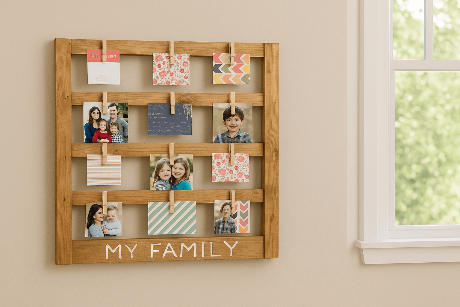 A rustic wood wall frame with clothespins glued across the front for clipping in photos
