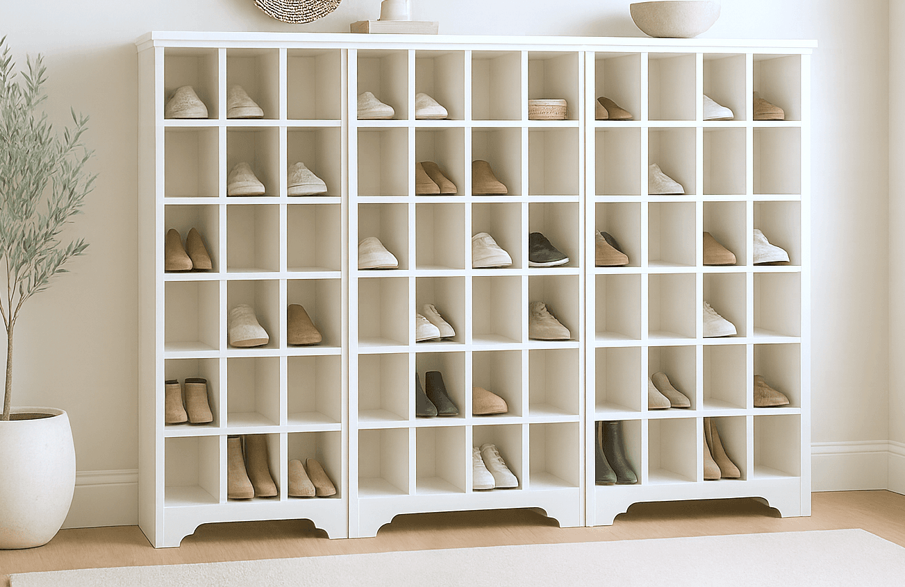 A tall storage cabinet with a grid of small shoe cubbies