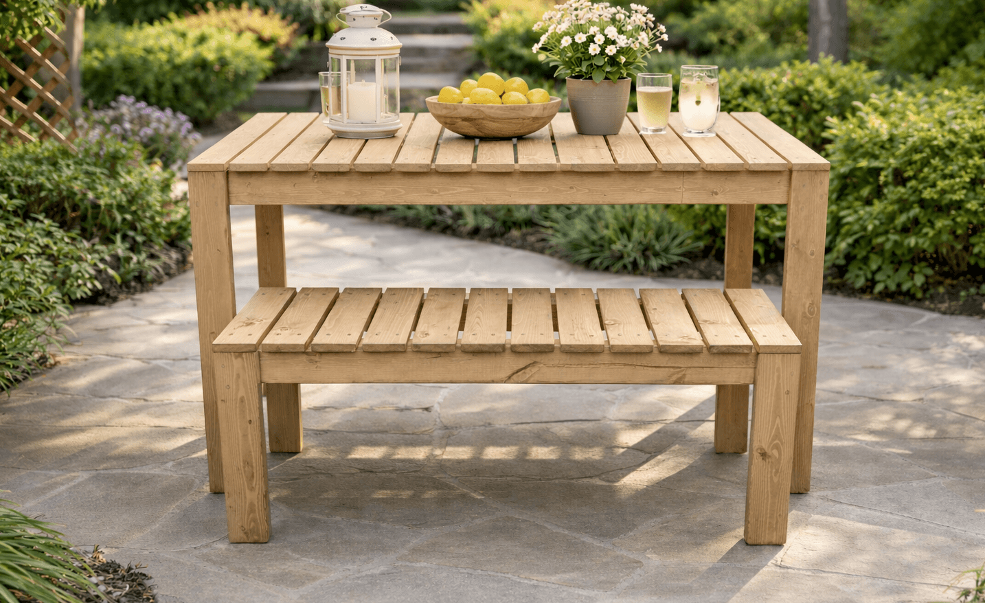 Outdoor dining table with crosswise plank top and 2x4 frame