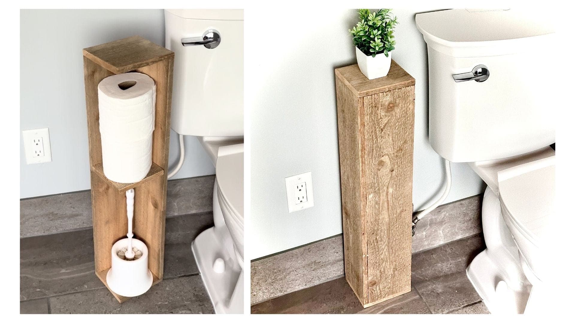 Slim wooden bathroom shelf column hiding a toilet brush below and spare paper above