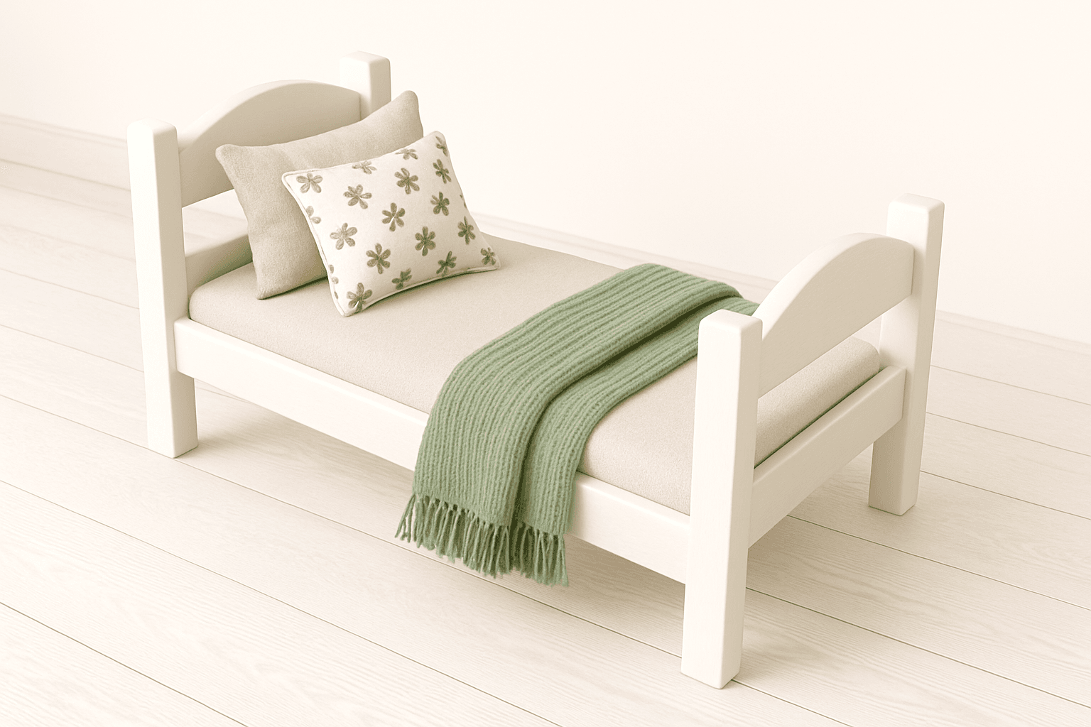 Simple wooden doll bed sized for 18-inch dolls
