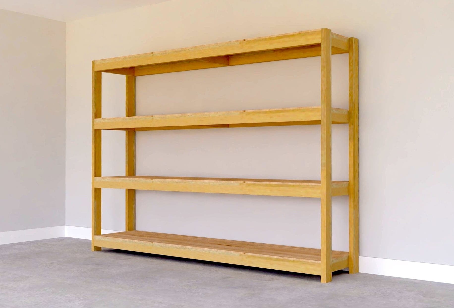 Eight-foot two-frame garage shelving unit with plywood shelf decks