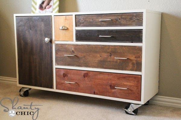 Patchwork dresser on casters with mismatched drawer face widths