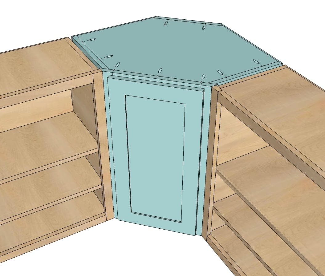 Wall-mounted kitchen corner cabinet with beveled sides and a door