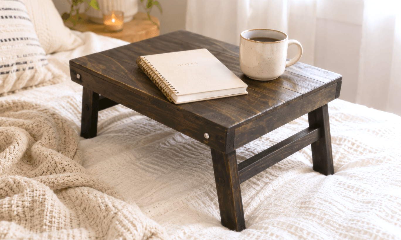 Folding wooden bed tray with pivoting legs